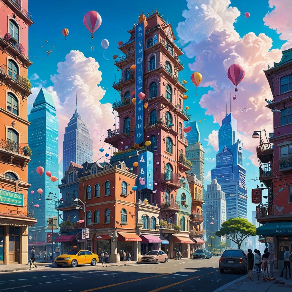 A surreal landscape featuring whimsical characters from the hentai community, exploring a vibrant insurance-themed city filled with towering buildings shaped like insurance policies and colorful premium tags floating in the air. Include playful interactions between characters examining their coverage options and searching for answers, all under a whimsical sky filled with floating question marks. A balance of fantasy and informative elements to align with the blog's theme. vibrant colors. cartoon style. fantasy.
